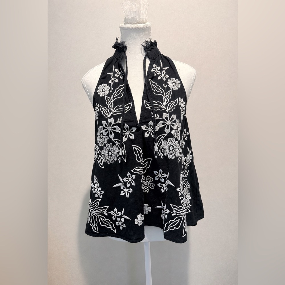 Pilcro The Tavi Tank Black White Embroidered Linen Blend XS Oversized Boho - Picture 4 of 9